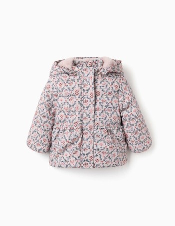Floral puffer jacket with hood and plush lining for baby girls, beige