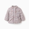 Floral puffer jacket with hood and plush lining for baby girls, beige