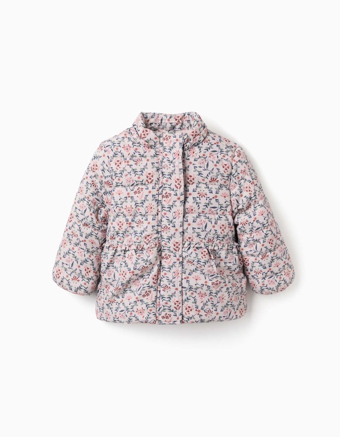 Floral puffer jacket with hood and plush lining for baby girls, beige