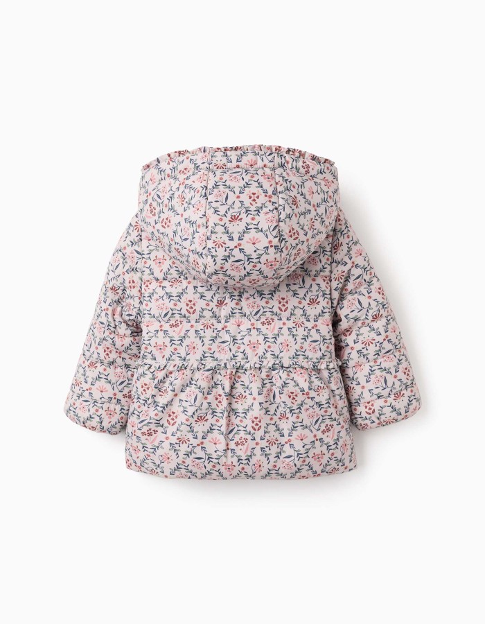 Floral puffer jacket with hood and plush lining for baby girls, beige
