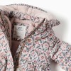 Floral puffer jacket with hood and plush lining for baby girls, beige