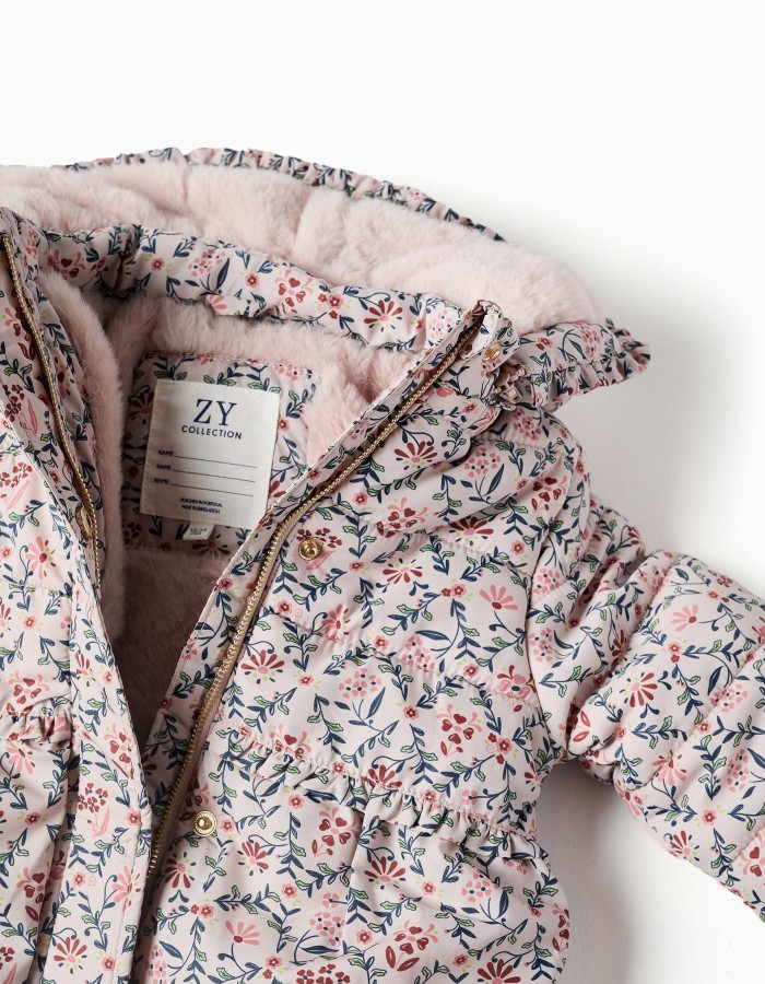Floral puffer jacket with hood and plush lining for baby girls, beige