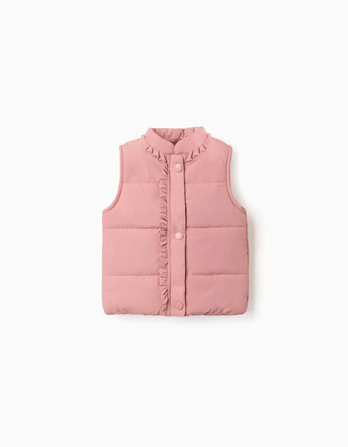 Puffer vest with polar fleece lining and ruffles for baby girls, pink