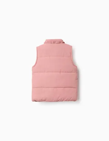 Puffer vest with polar fleece lining and ruffles for baby girls, pink