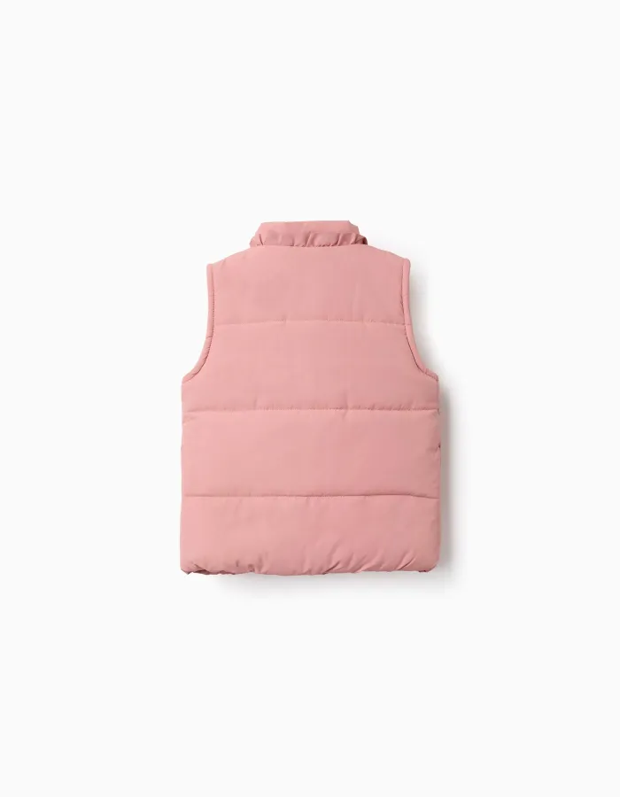 Puffer vest with polar fleece lining and ruffles for baby girls, pink