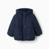 Hooded puffer jacket with polar fleece lining for baby girls, navy blue