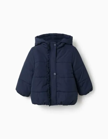 Hooded puffer jacket with polar fleece lining for baby girls, navy blue