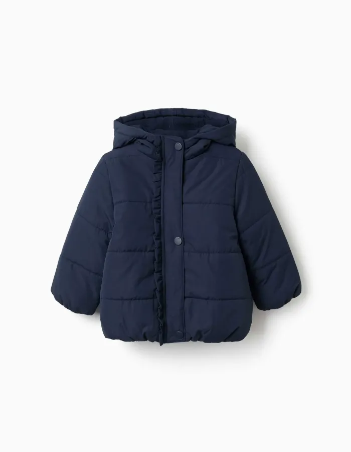 Hooded puffer jacket with polar fleece lining for baby girls, navy blue