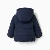 Hooded puffer jacket with polar fleece lining for baby girls, navy blue