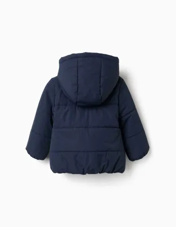 Hooded puffer jacket with polar fleece lining for baby girls, navy blue