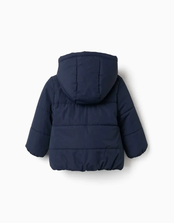 Hooded puffer jacket with polar fleece lining for baby girls, navy blue