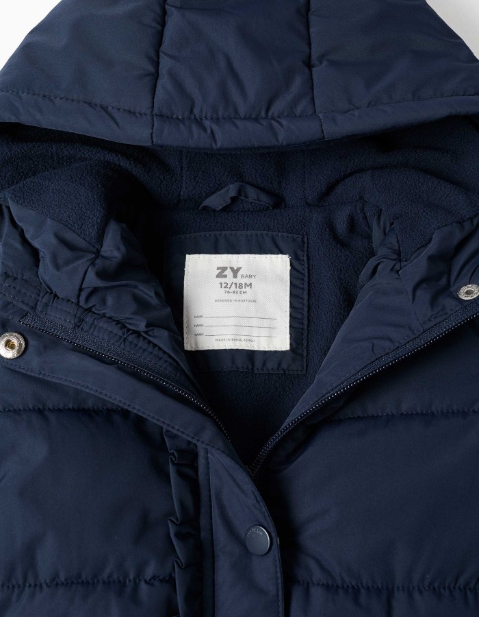 Hooded puffer jacket with polar fleece lining for baby girls, navy blue