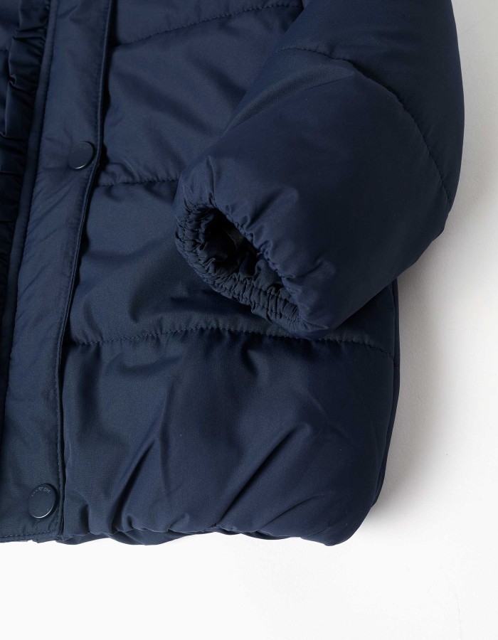 Hooded puffer jacket with polar fleece lining for baby girls, navy blue