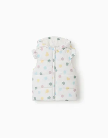 Hooded puffer vest with hearts and dots pattern for baby girls, white