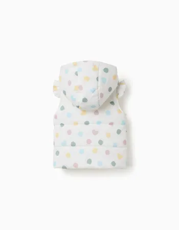 Hooded puffer vest with hearts and dots pattern for baby girls, white