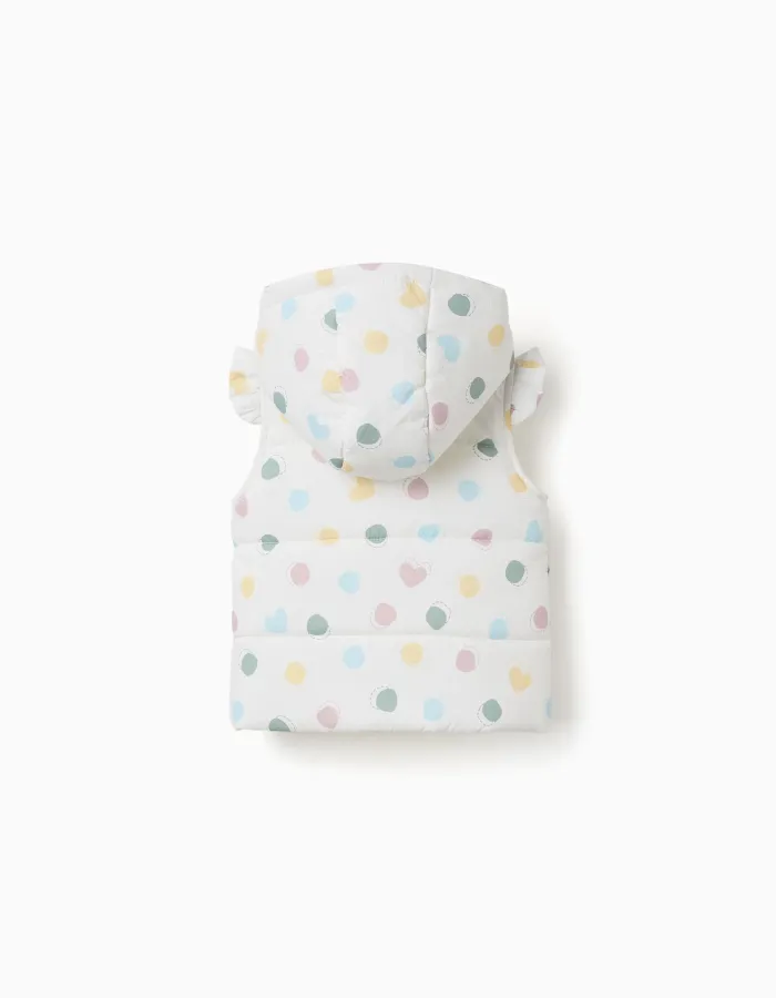 Hooded puffer vest with hearts and dots pattern for baby girls, white