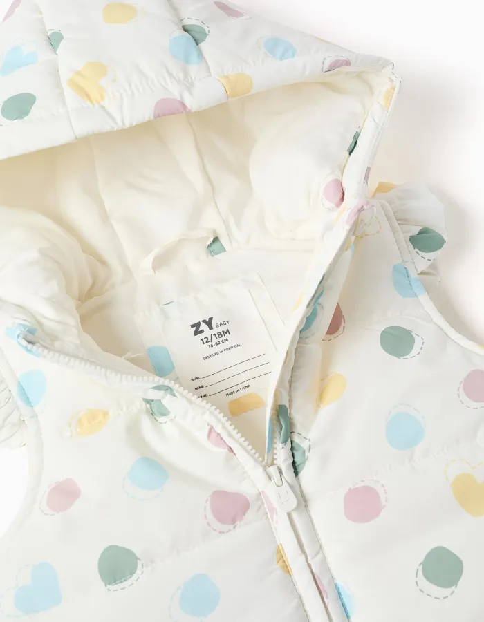 Hooded puffer vest with hearts and dots pattern for baby girls, white