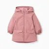 Padded rubber parka with hood and pockets for baby girls, pink