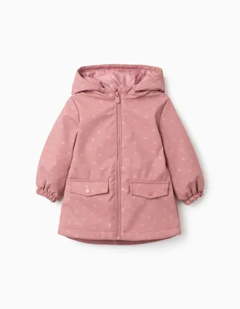 Padded rubber parka with hood and pockets for baby girls, pink
