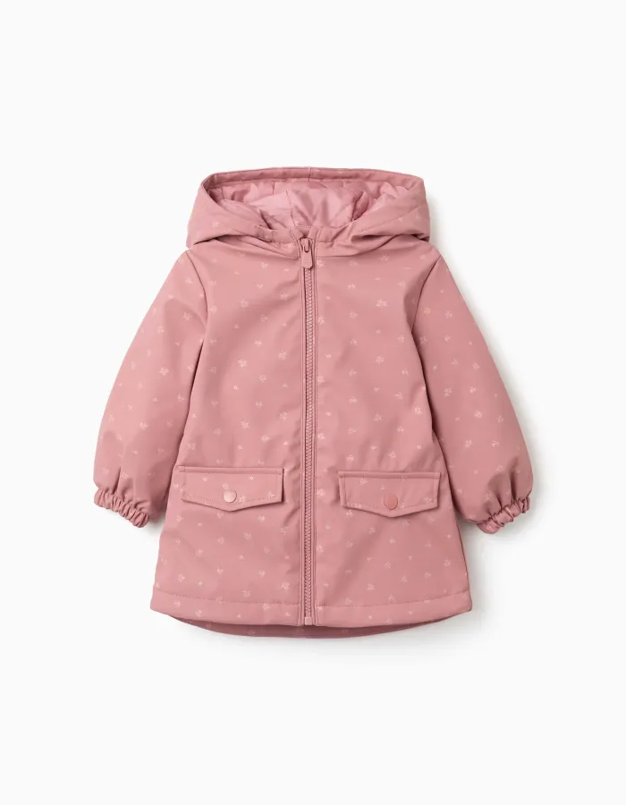 Padded rubber parka with hood and pockets for baby girls, pink