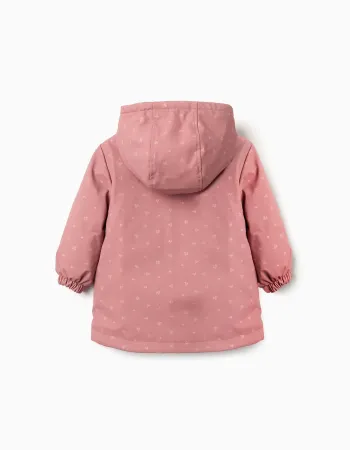 Padded rubber parka with hood and pockets for baby girls, pink