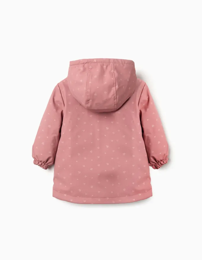 Padded rubber parka with hood and pockets for baby girls, pink