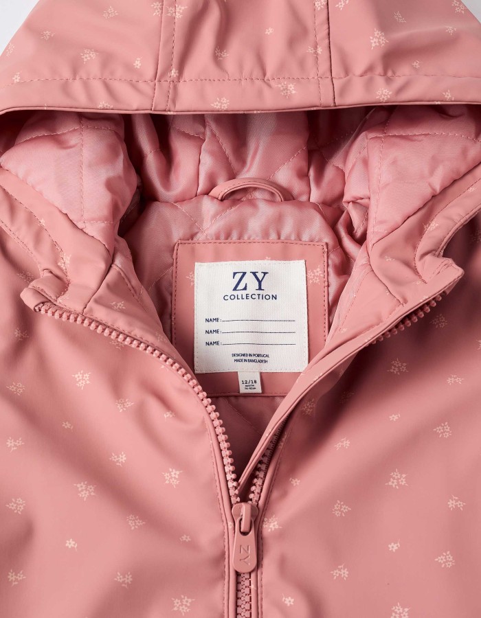 Padded rubber parka with hood and pockets for baby girls, pink