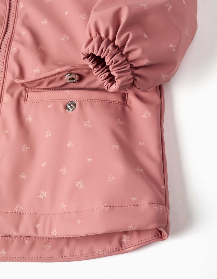 Padded rubber parka with hood and pockets for baby girls, pink