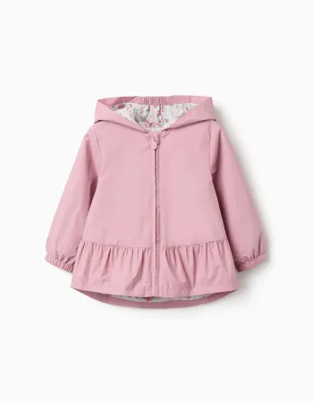 Hooded windbreaker with ruffled hem and lining for baby girls, pink