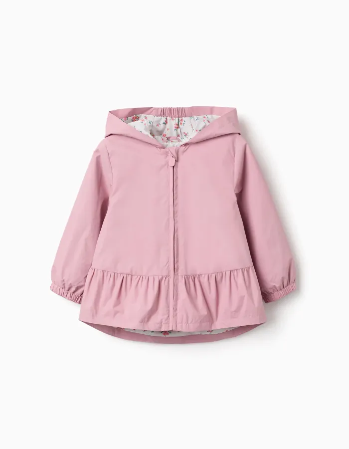 Hooded windbreaker with ruffled hem and lining for baby girls, pink