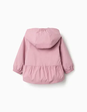 Hooded windbreaker with ruffled hem and lining for baby girls, pink