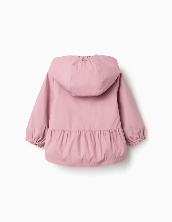 Hooded windbreaker with ruffled hem and lining for baby girls, pink