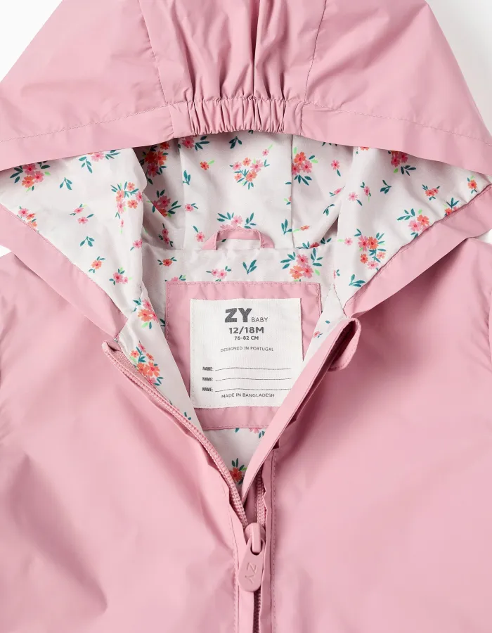 Hooded windbreaker with ruffled hem and lining for baby girls, pink