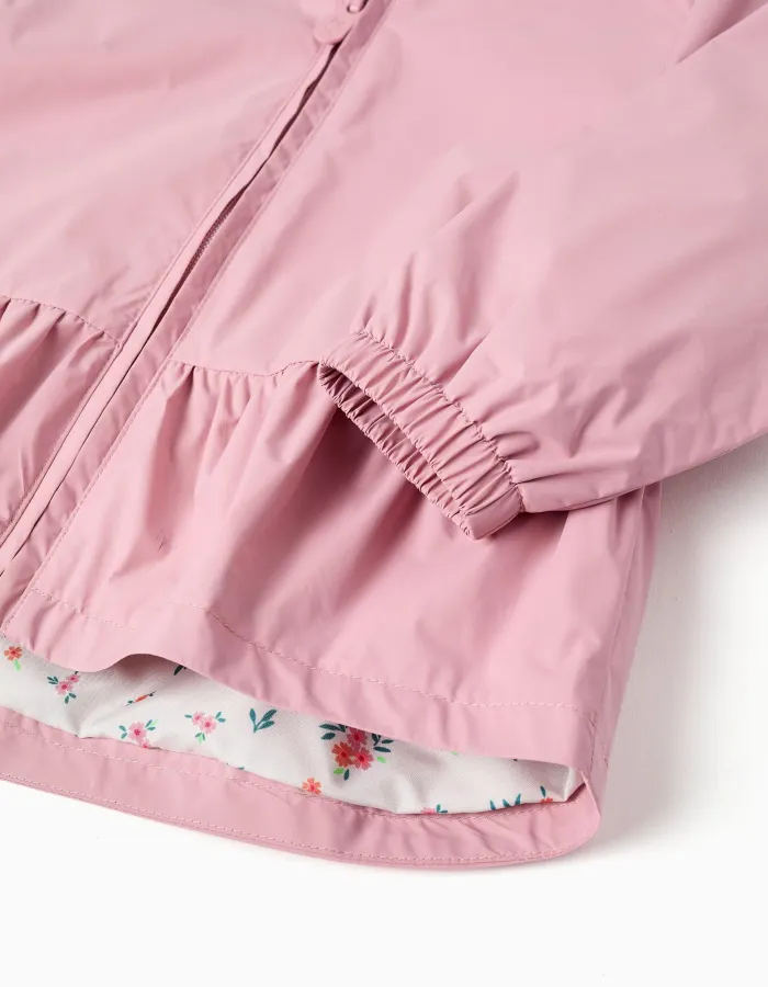 Hooded windbreaker with ruffled hem and lining for baby girls, pink