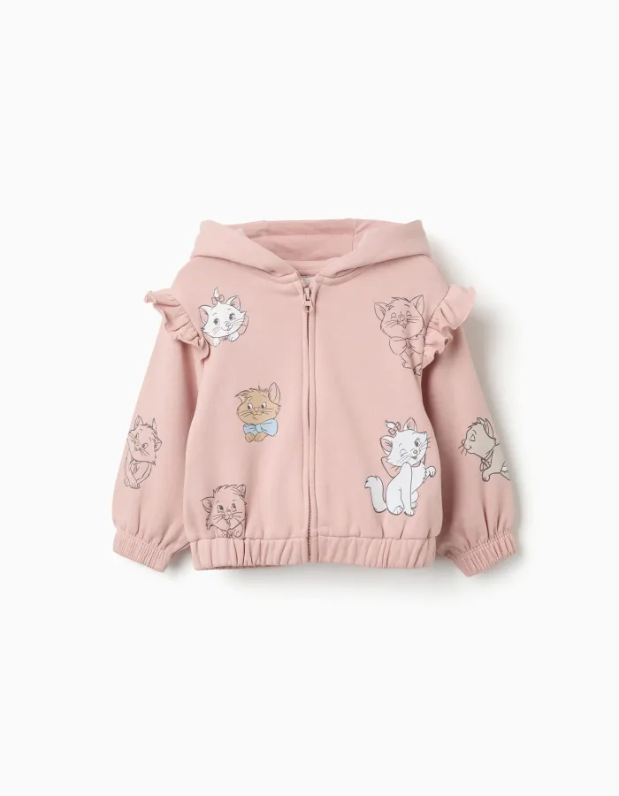 Hooded brushed jacket with The Aristocats prints for baby girls, pink