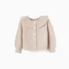 Openwork knit jacket with ruffle collar for baby girls, beige