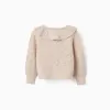 Openwork knit jacket with ruffle collar for baby girls, beige