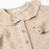 Openwork knit jacket with ruffle collar for baby girls, beige