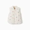 Padded vest with floral pattern and pockets for baby girls, light beige