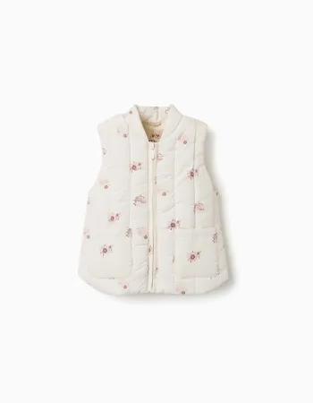 Padded vest with floral pattern and pockets for baby girls, light beige