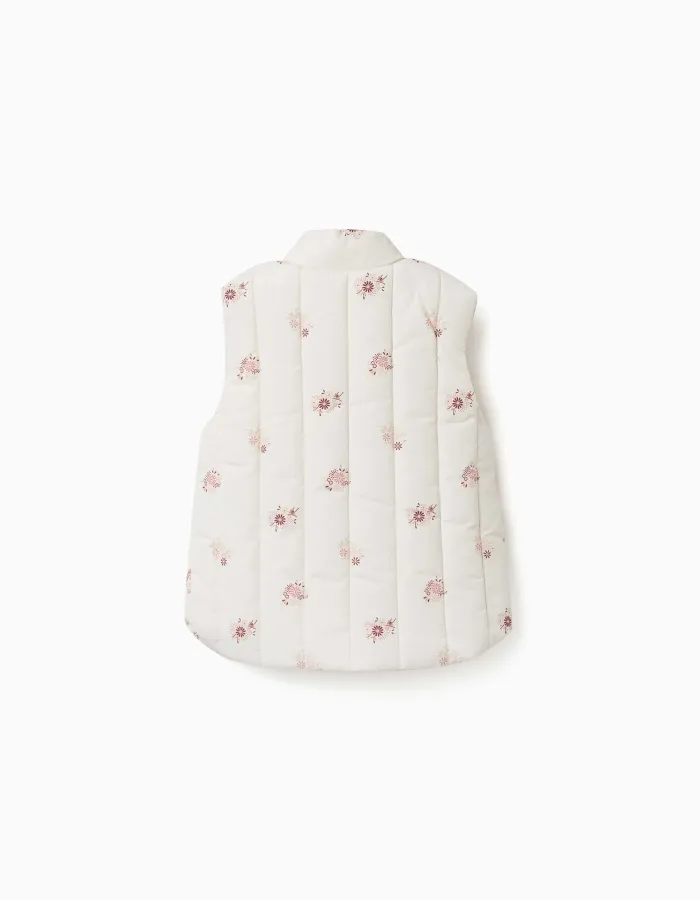 Padded vest with floral pattern and pockets for baby girls, light beige
