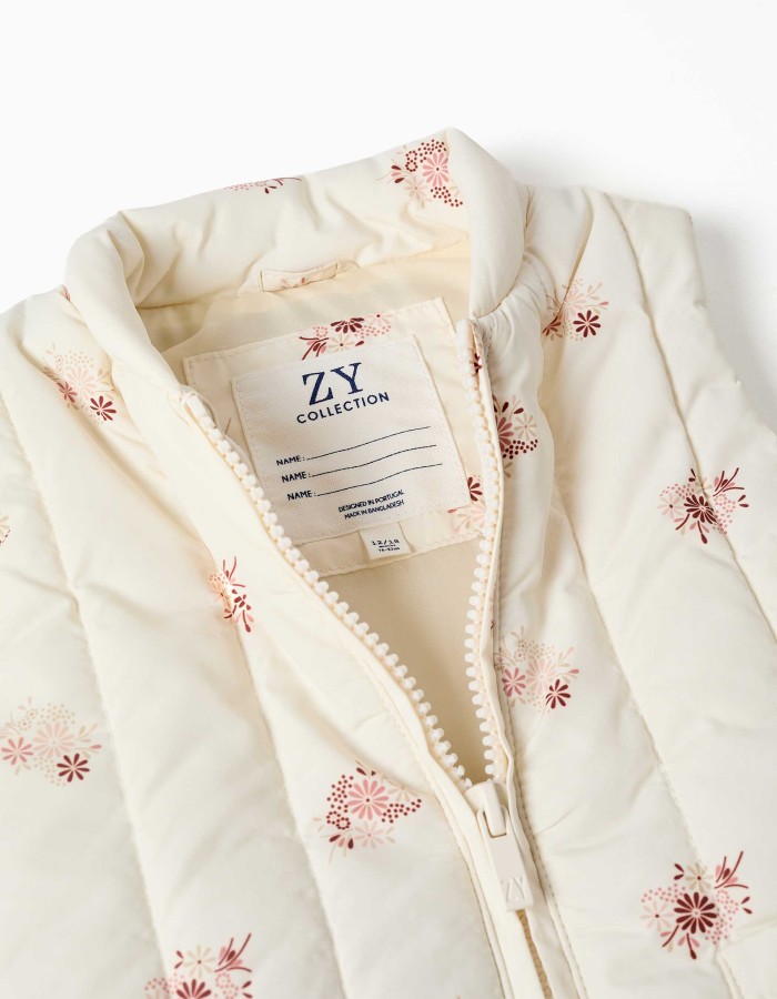 Padded vest with floral pattern and pockets for baby girls, light beige