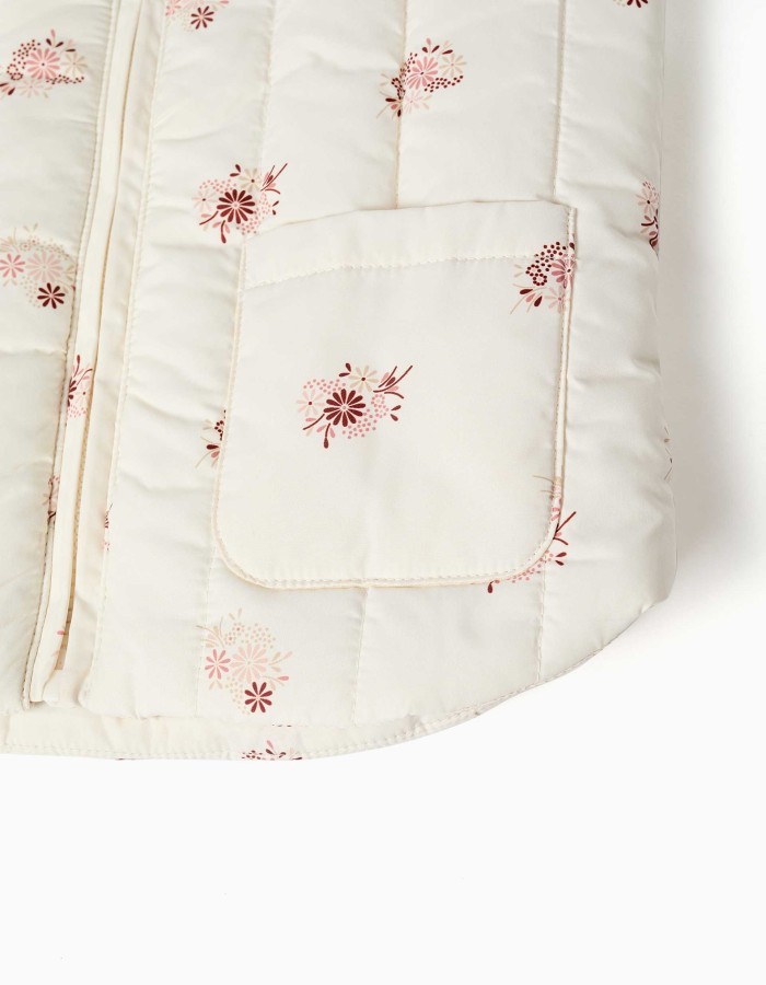 Padded vest with floral pattern and pockets for baby girls, light beige