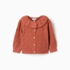 Openwork knit cardigan with ruffled collar for baby girls, terracotta