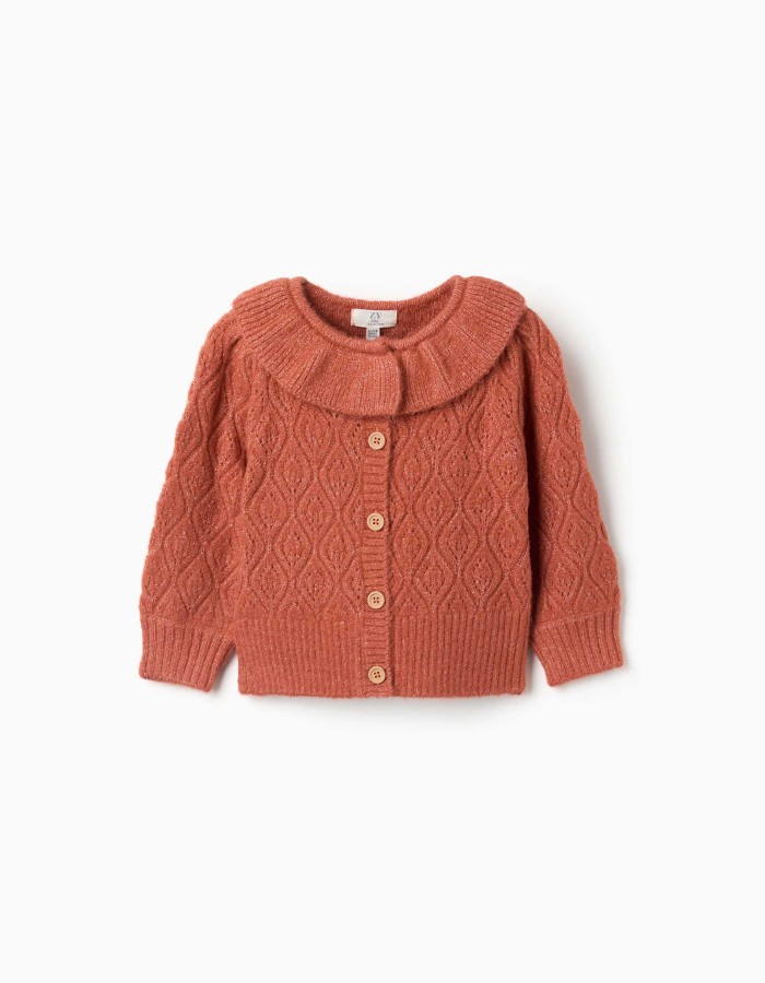 Openwork knit cardigan with ruffled collar for baby girls, terracotta