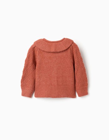 Openwork knit cardigan with ruffled collar for baby girls, terracotta