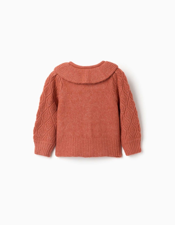 Openwork knit cardigan with ruffled collar for baby girls, terracotta