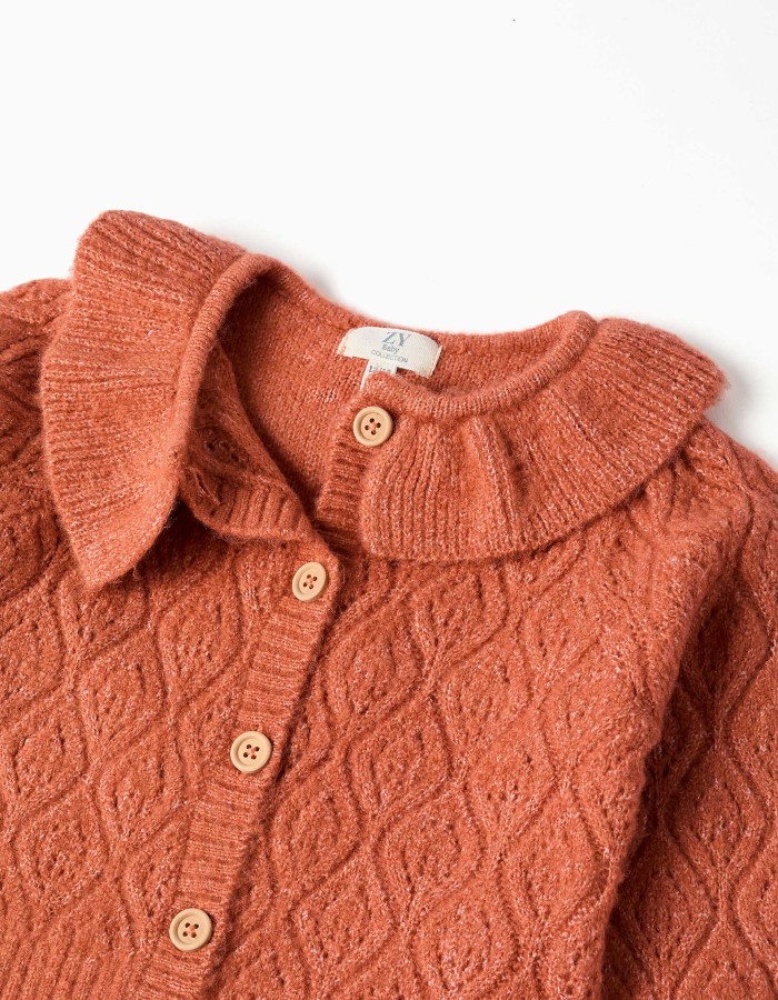 Openwork knit cardigan with ruffled collar for baby girls, terracotta
