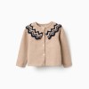 Knitted cardigan with striped collar for baby girls, beige/navy blue
