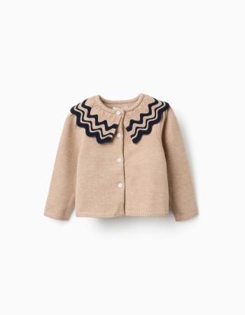 Knitted cardigan with striped collar for baby girls, beige/navy blue